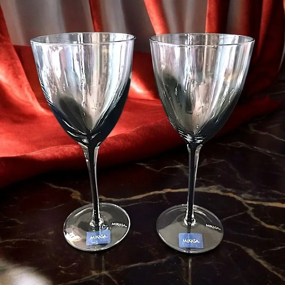 2 Mikasa KYA Smoke Wine Glasses Goblets Red Crystal Elegant Classic Holiday Rare